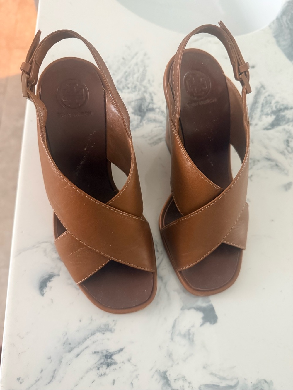 Tory Burch Tan Leather Crisscross Slingback Sandals